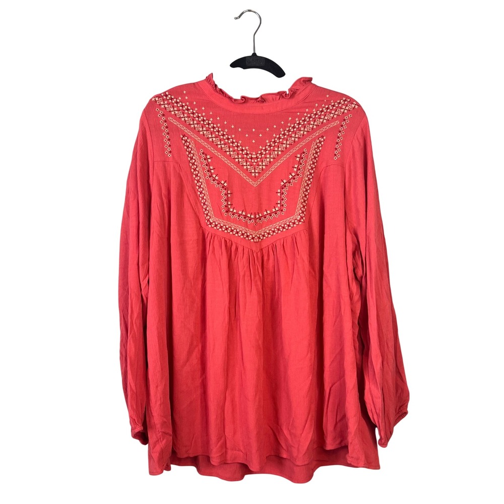 Torrid Embroidered Ruffle Neck Peasant Top Sz 2 (2X) Boho Festival Folk Pink
